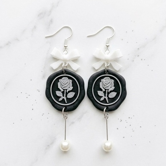 Handmade Jewelry - Black & Silver Rose Stamp Earrings with White Bow & Pearl Drop